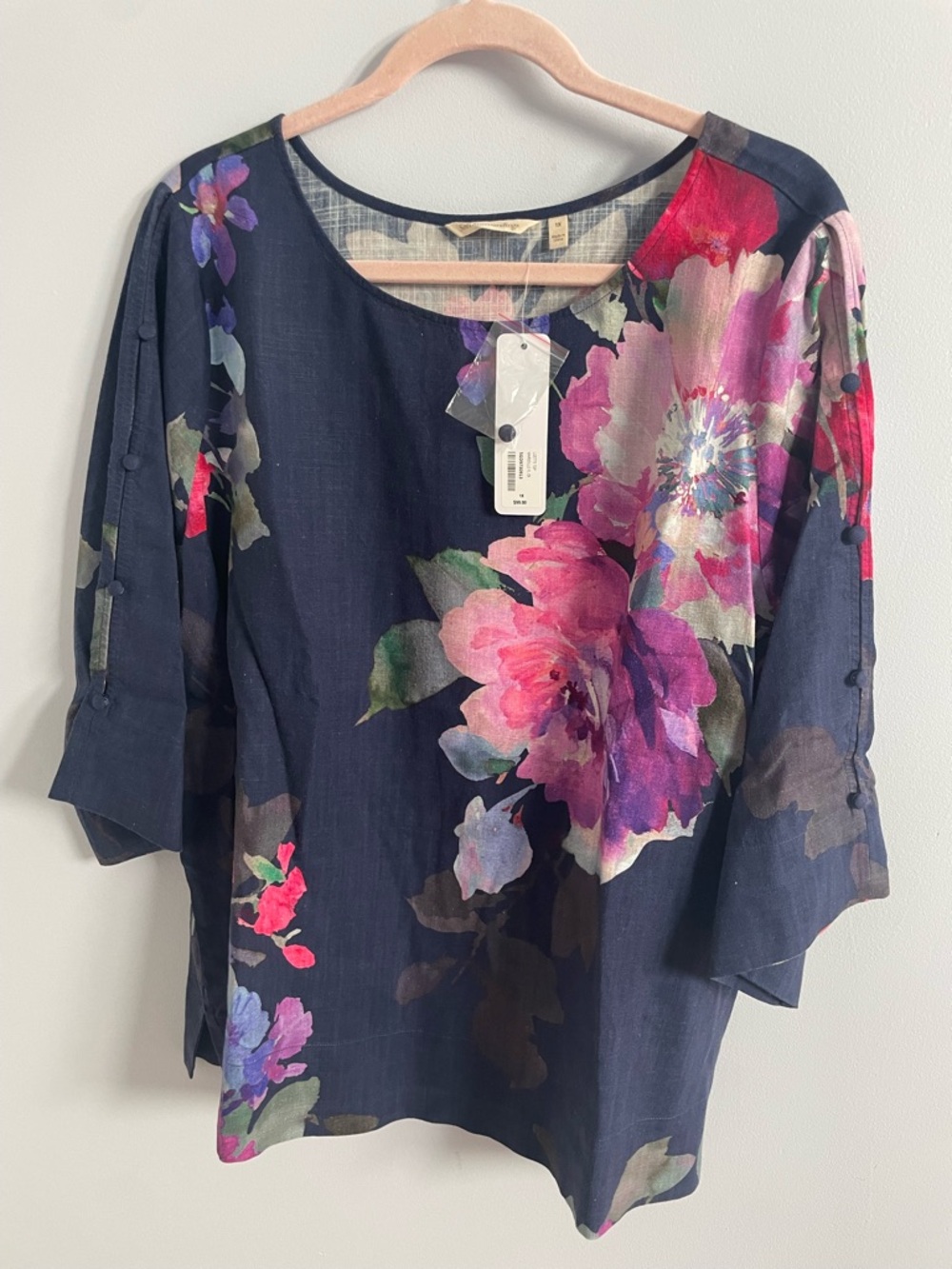 Soft Surroundings Navy Floral Scoop Neck Tunic with Pink & Purple Blooms